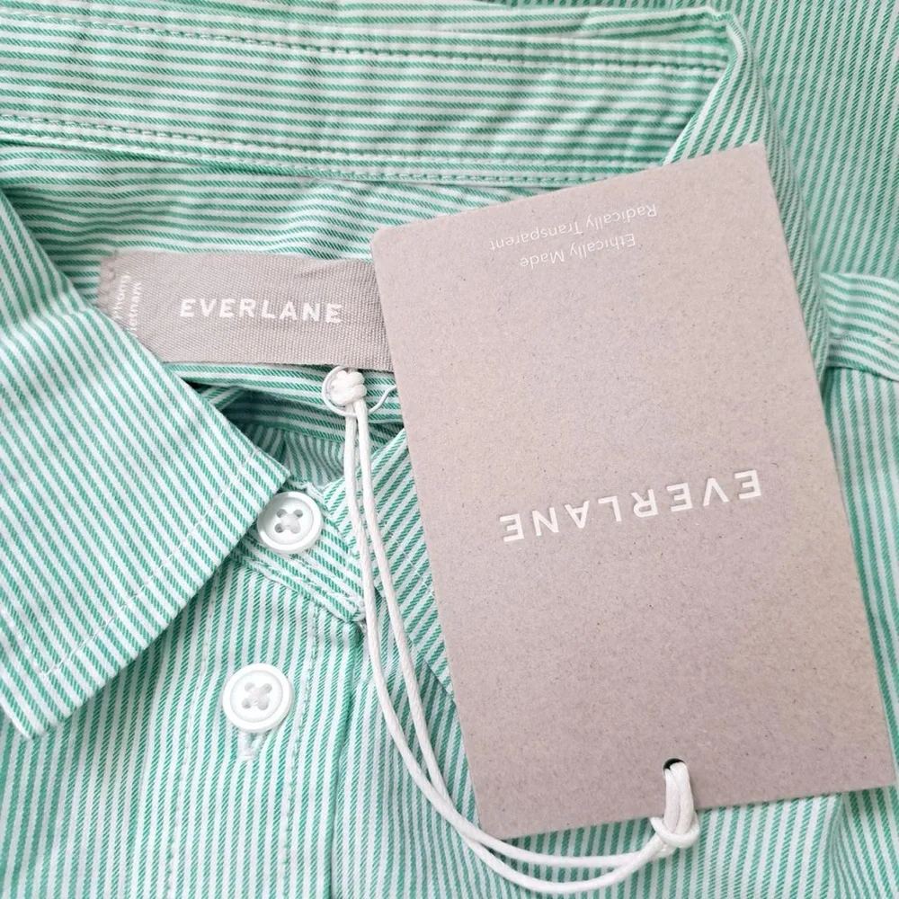 NWT EVERLANE Women's Green and White Striped Relaxed Button Down Shirt - Picture 2 of 3